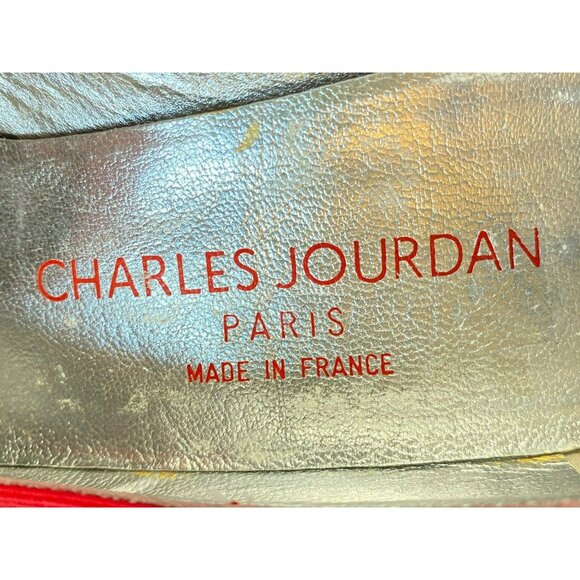 Vintage Charles Jourdan Shoes Heels Leather Red Satin Rhinestone Size 9 Paris - Picture 6 of 10